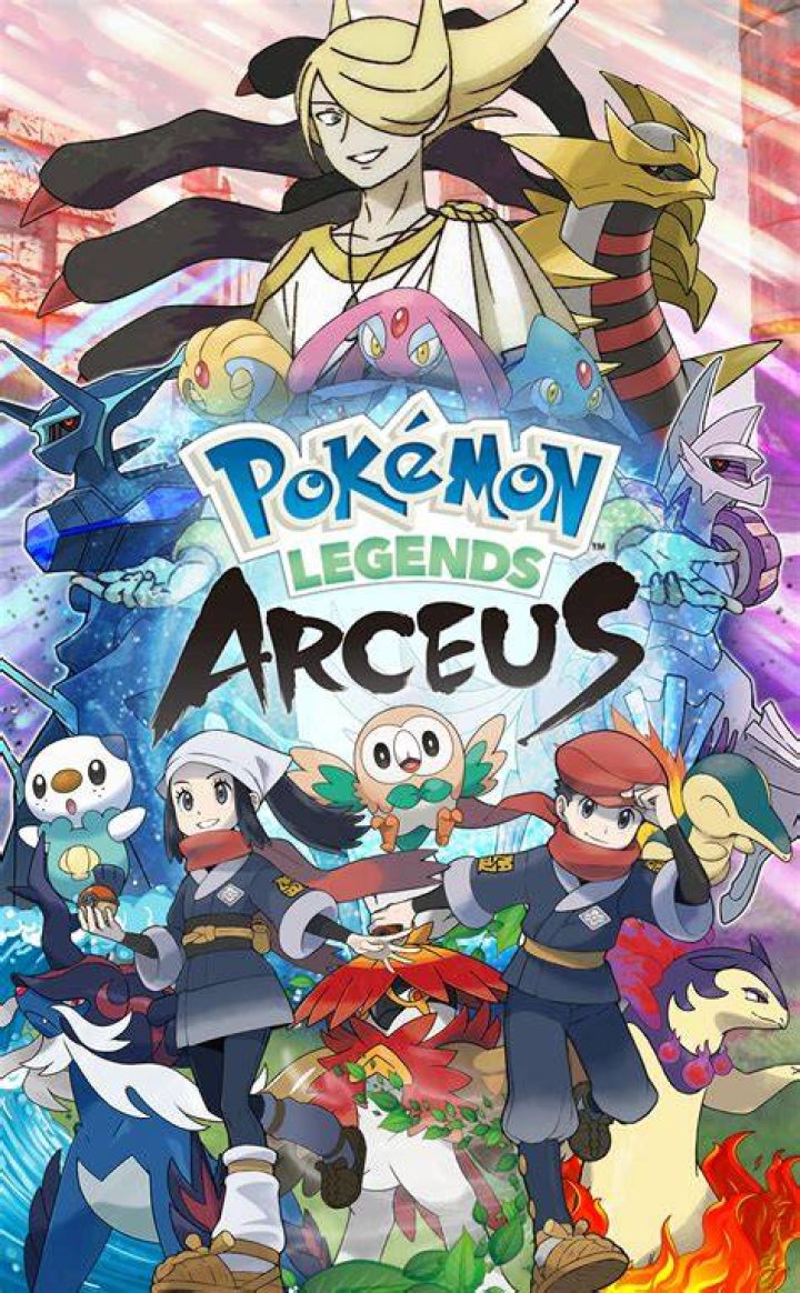 Pokemon Legends: Arceus art featuring two Pokemon Trainers, Lucario, Starly, Bidoof, Pikachu, Ryhorn, Ralts, Cyndaquil, Shinx, Oshawatt, and Rowlett.