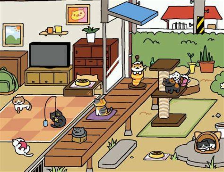 Screenshot from Neko Atsume, showing a white cat rolling on a mat with a rubber ball